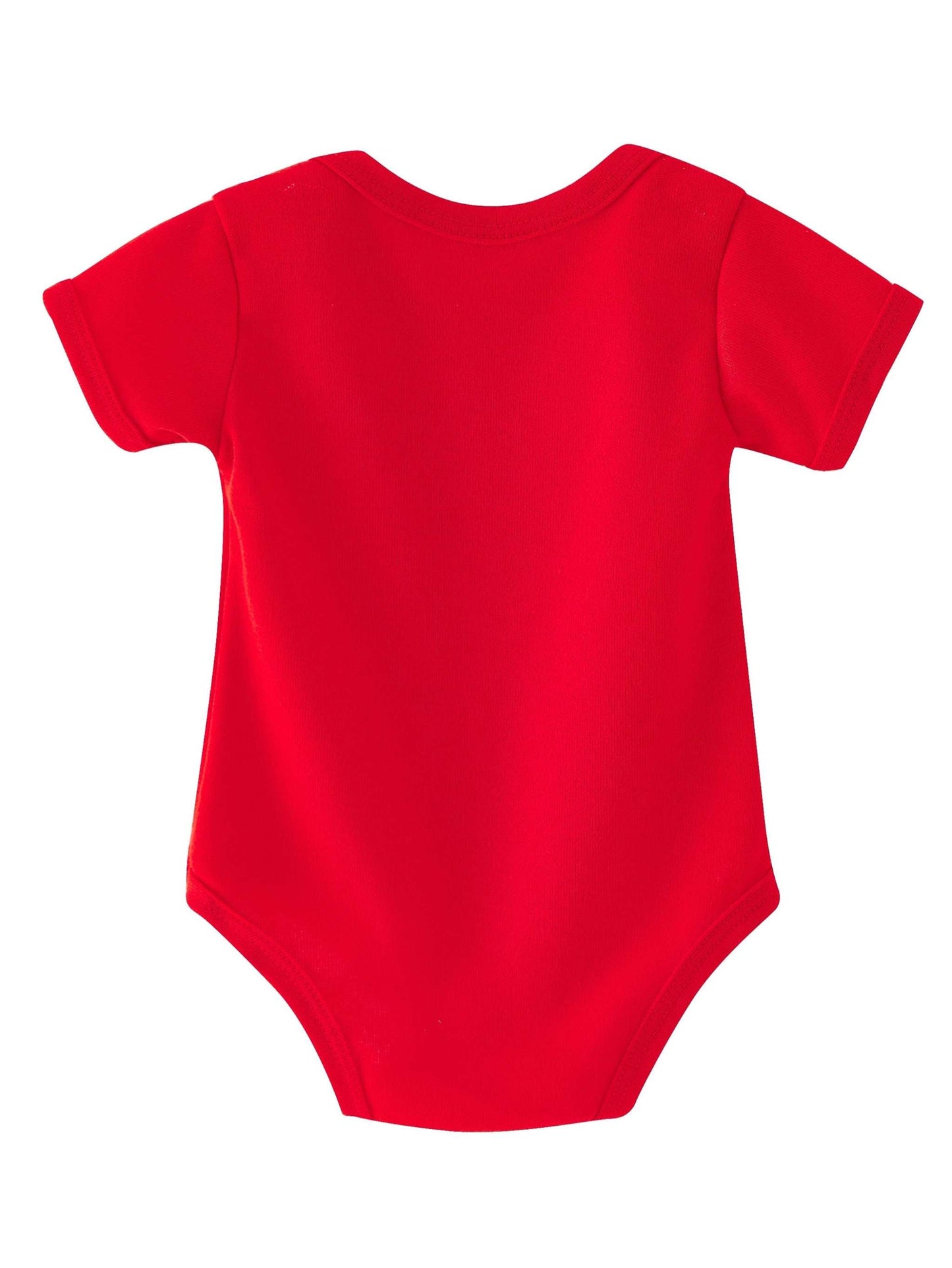 Red infant romper with "I'm Proof Daddy Does Not Play Video Games All the Time" slogan, breathable polyester, playful design.