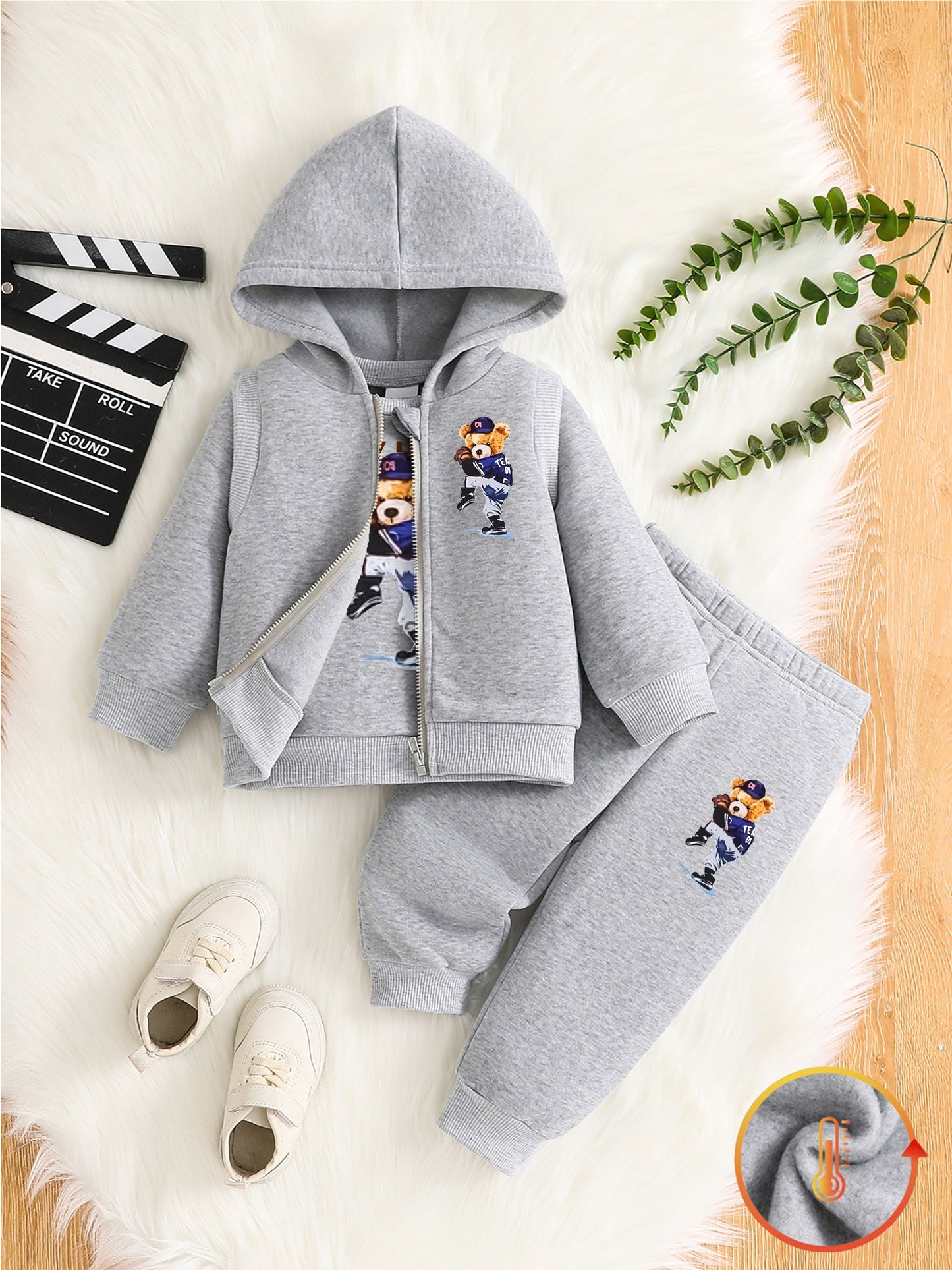 Boys' 3pcs Fleece-Lined Hoodie & Vest Set for Fall Outdoor