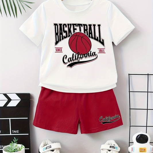 “Valentine’s Day” “Ramadan”, Boys Suit, Letter and Basketball Print, Summer Fashion Casual Simple Round Neck T-shirt and Shorts, Perfect for Outdoor