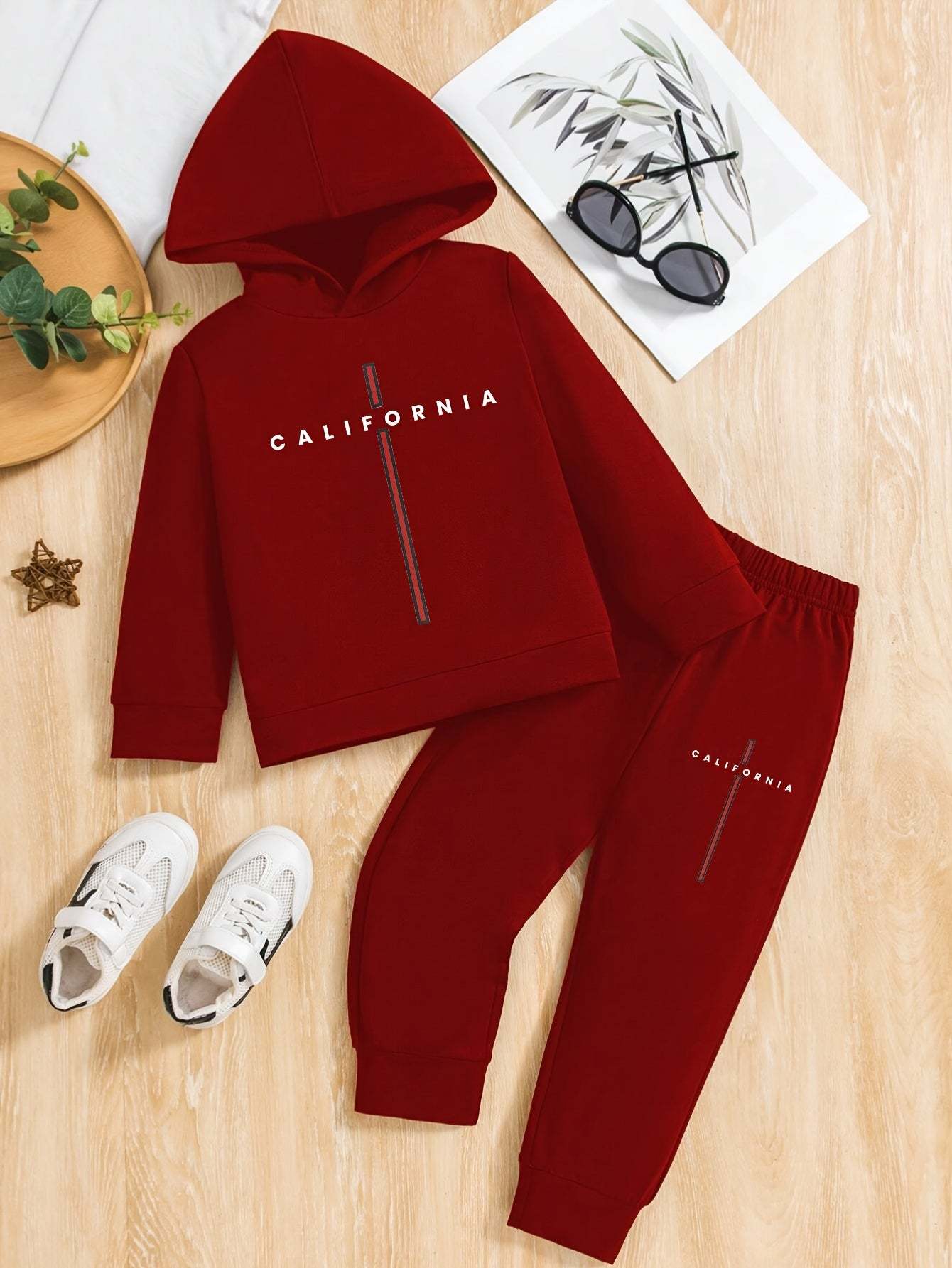 trendy boys' California print outfit set with hoodie and pants