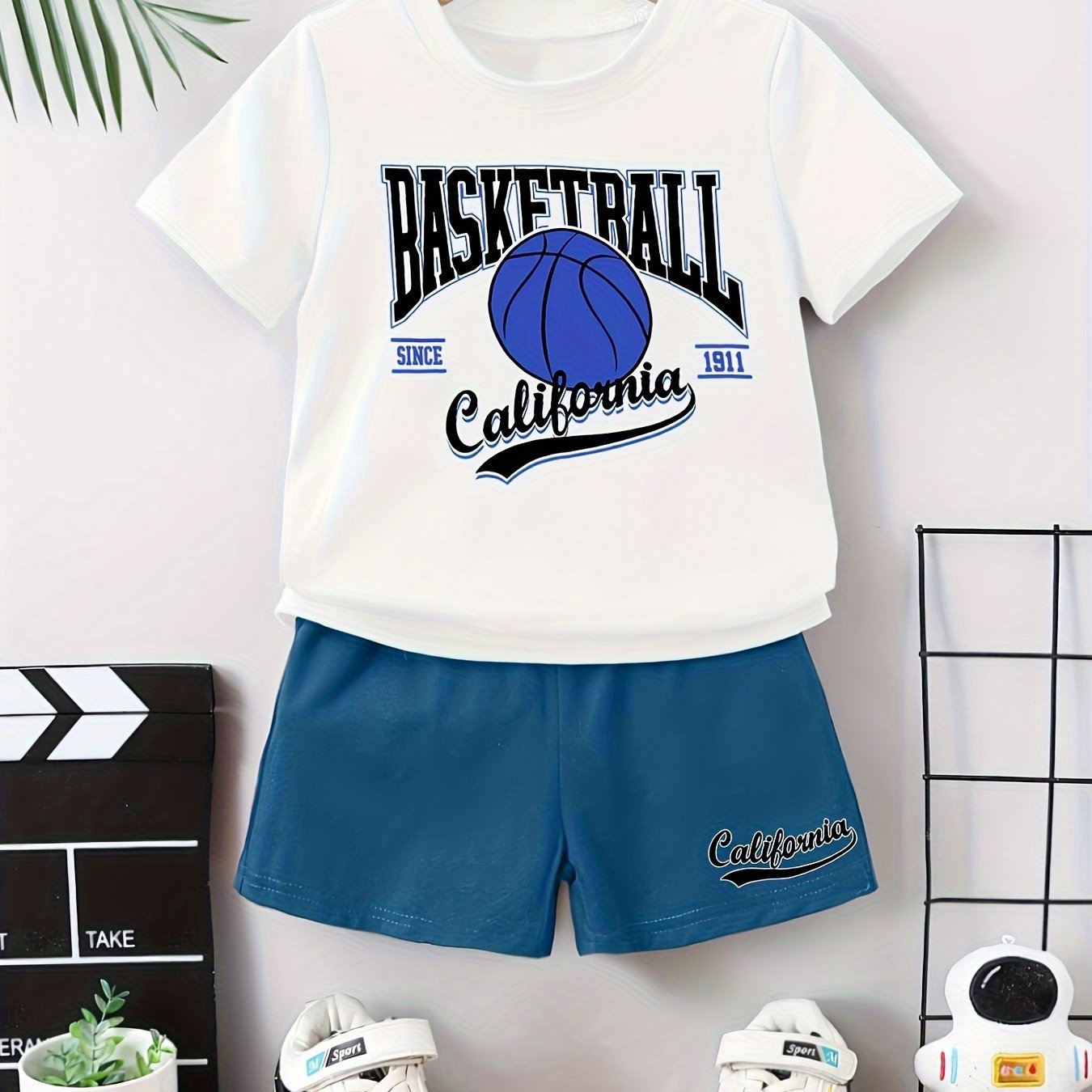 “Valentine’s Day” “Ramadan”, Boys Suit, Letter and Basketball Print, Summer Fashion Casual Simple Round Neck T-shirt and Shorts, Perfect for Outdoor