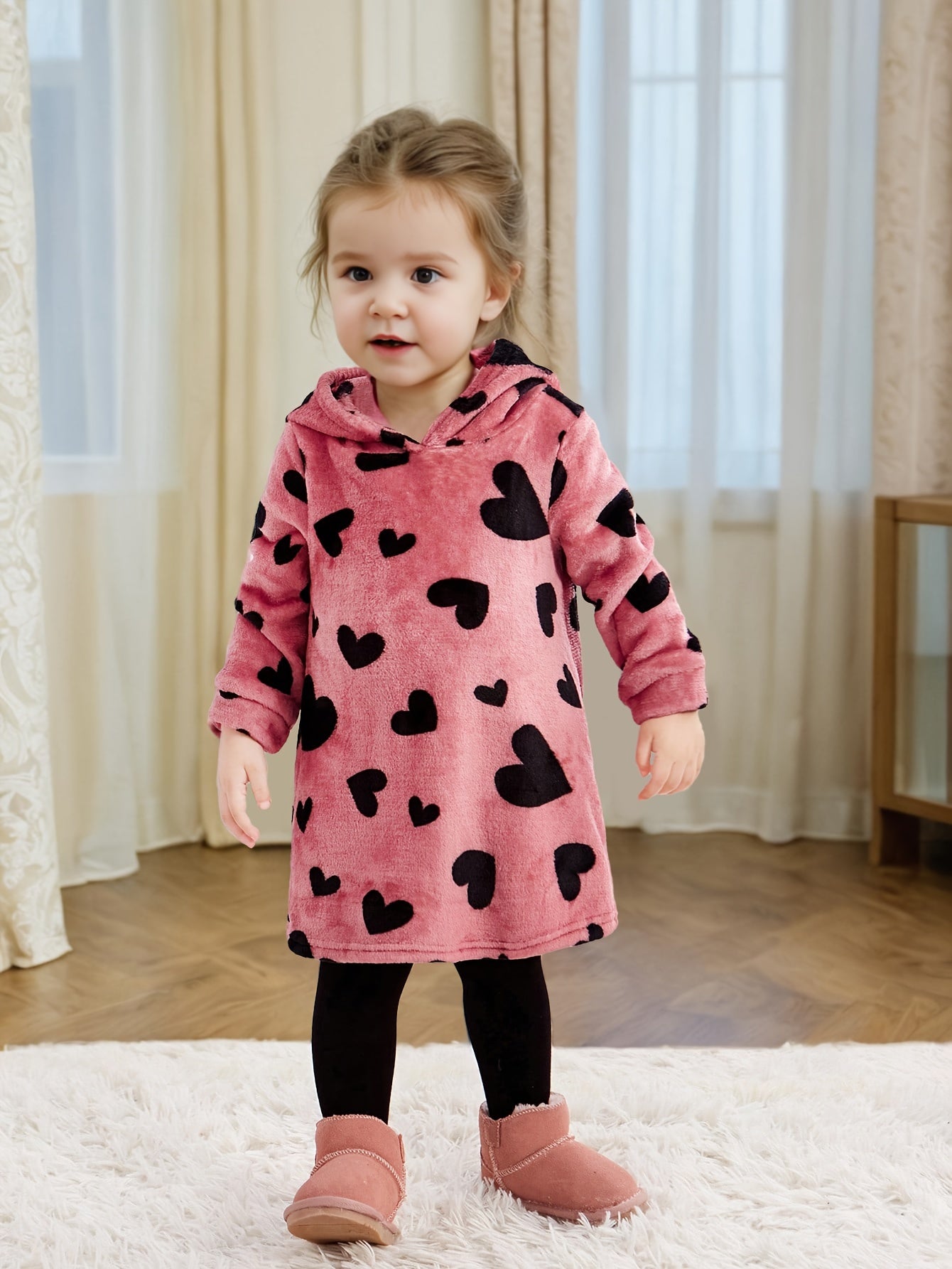 Cozy Girls' Pink Heart Pattern Fleece Hooded Dress for Kids - BabyHaven