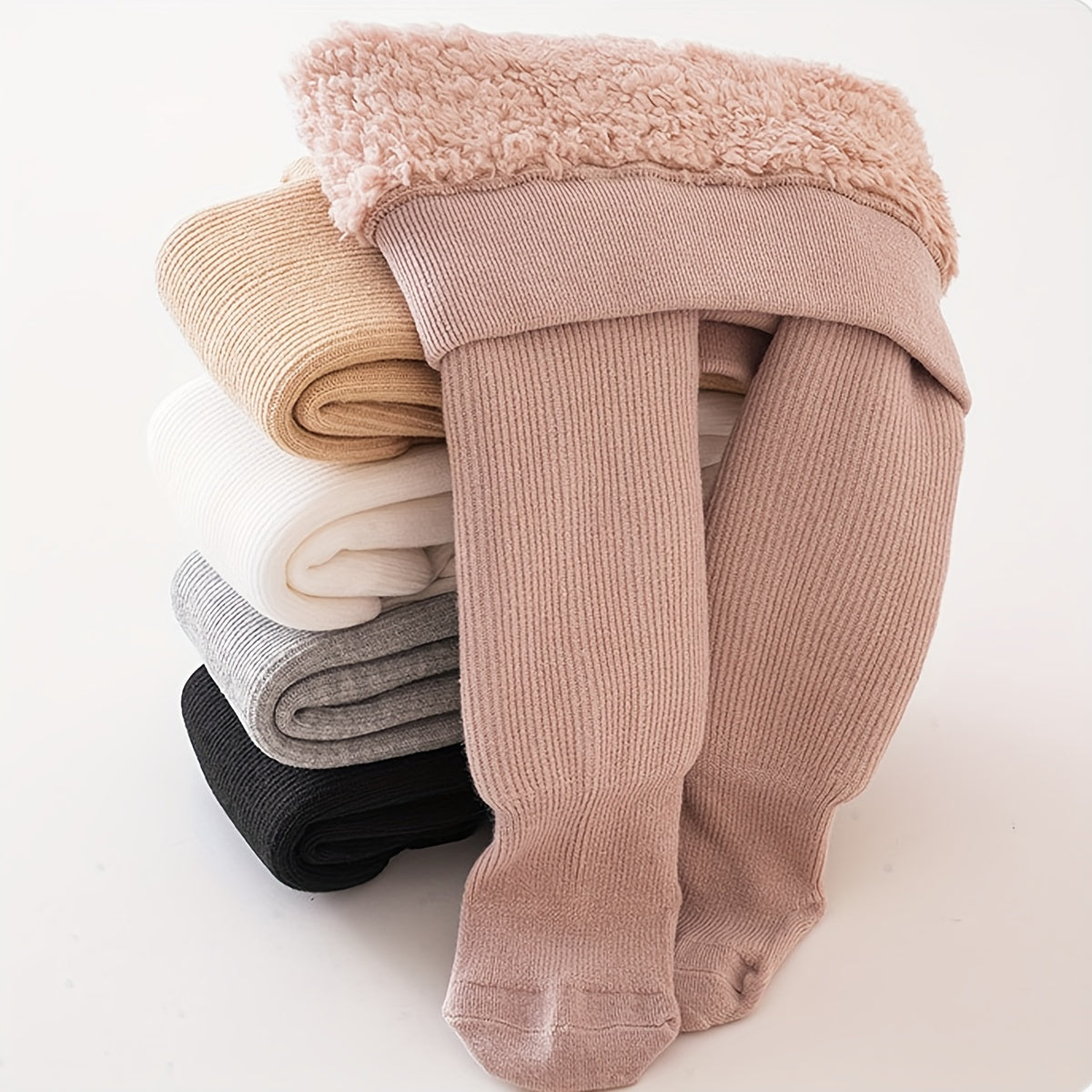 Cozy girls' fleece-lined winter tights in solid colors, ideal for warmth and style.