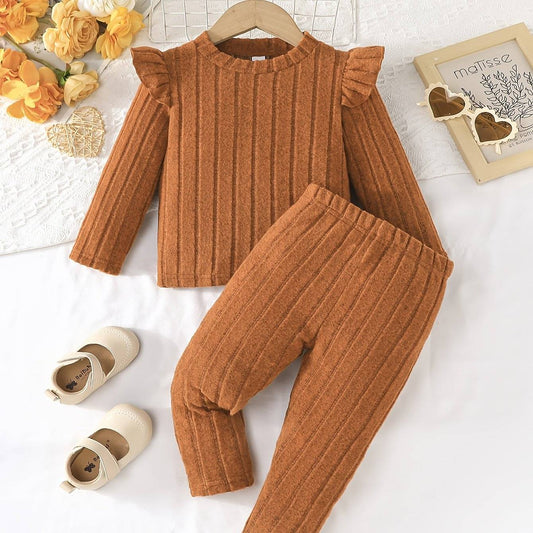 Stylish multicolor girls' outfit set with long sleeves and ruffle details.