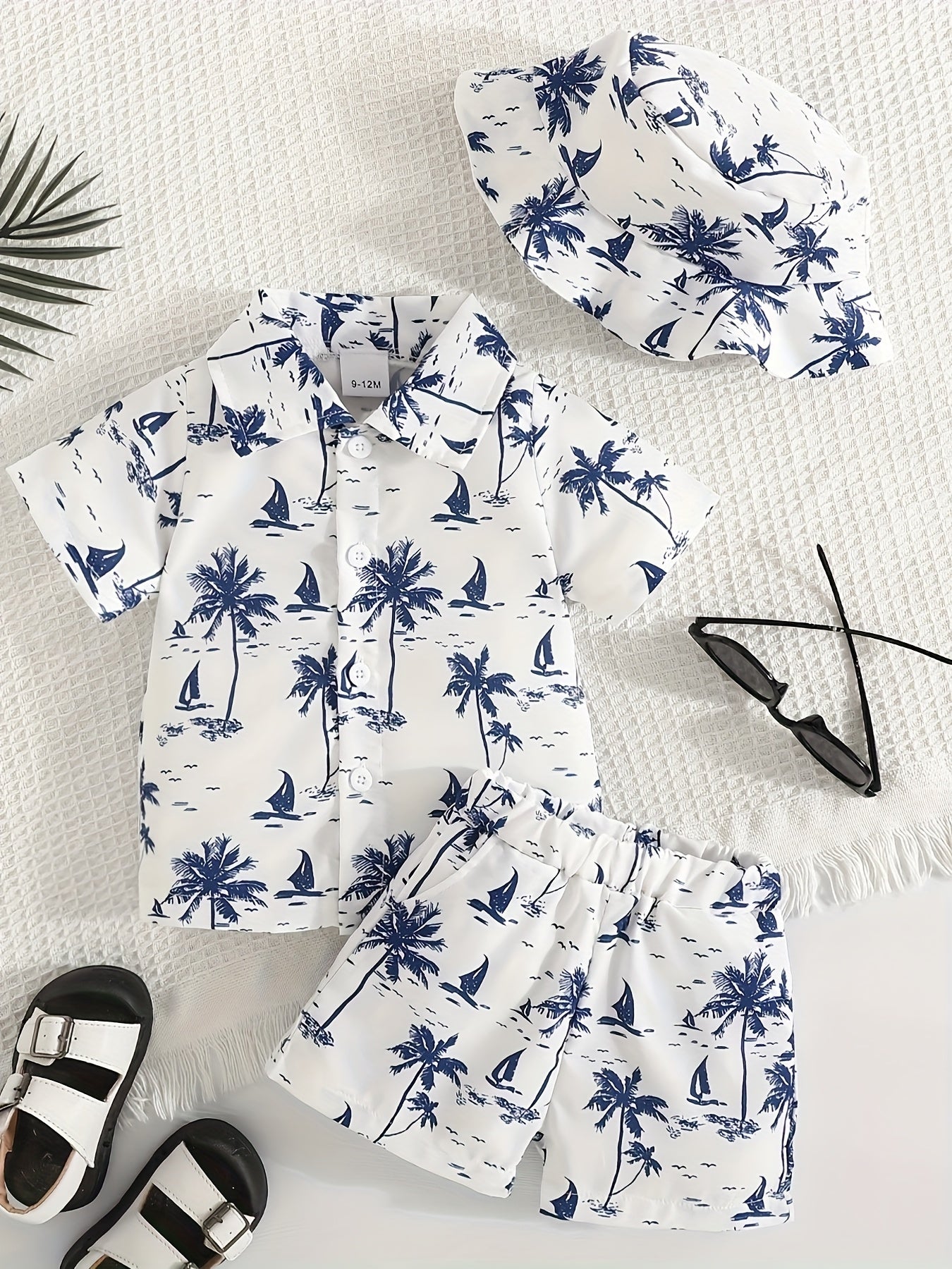 Boys 3 Pieces Summer Beach Set V Neck Shirt Shorts and Hat with Palm Tree Print Casual Polyester Outfit for Spring Summer Fall Outdoor - BabyHaven