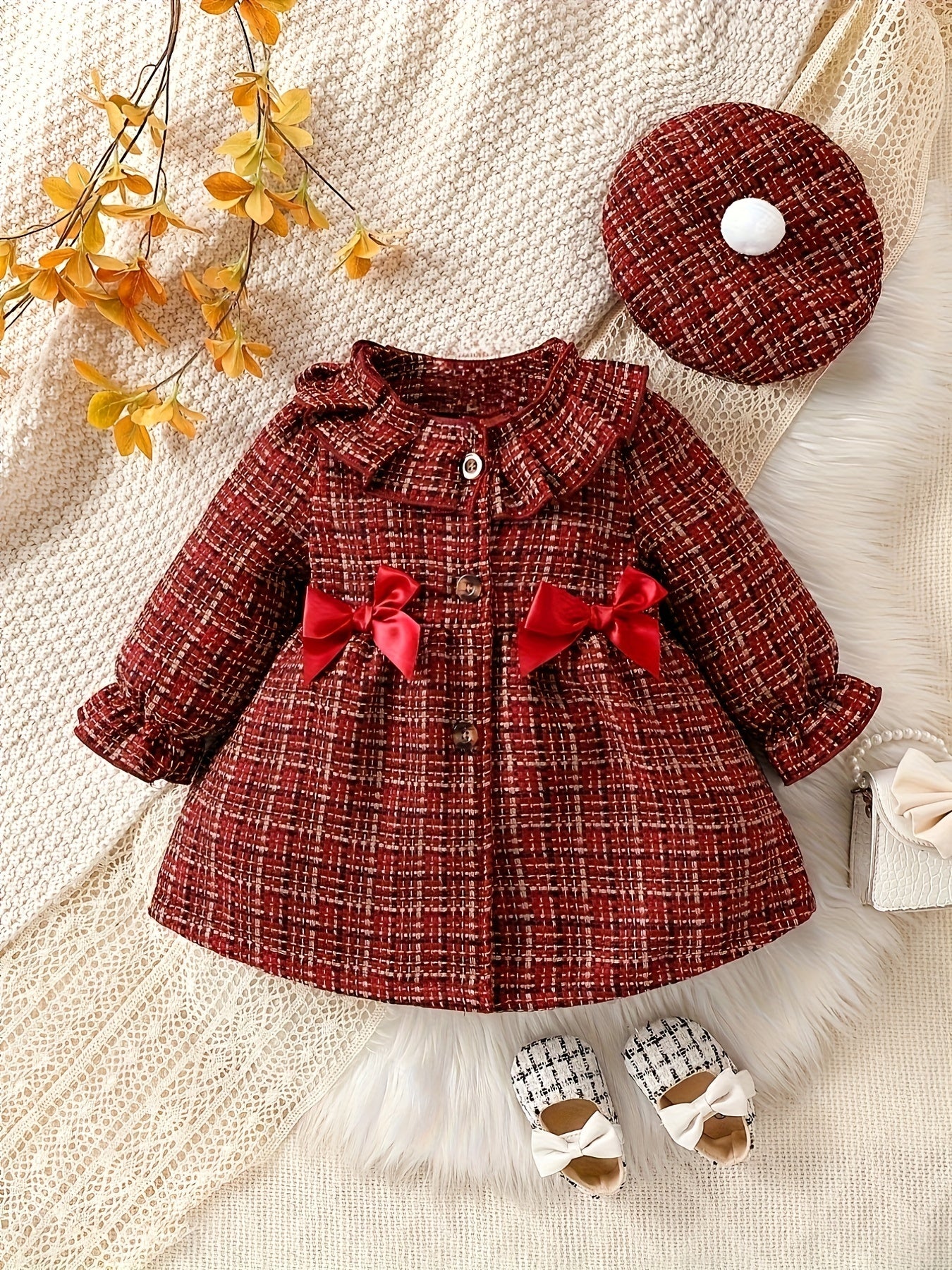 Baby Elegant Bowknot Decor Ruffled Tweed Long Sleeve Dress for Infant and Toddler Girls Daily Wear Holiday Party Gift - BabyHaven
