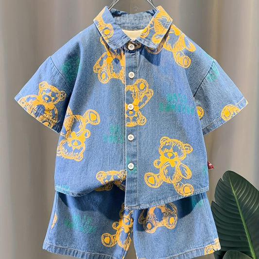 2pcs Boys Denim Shirt and Shorts Set for Summer