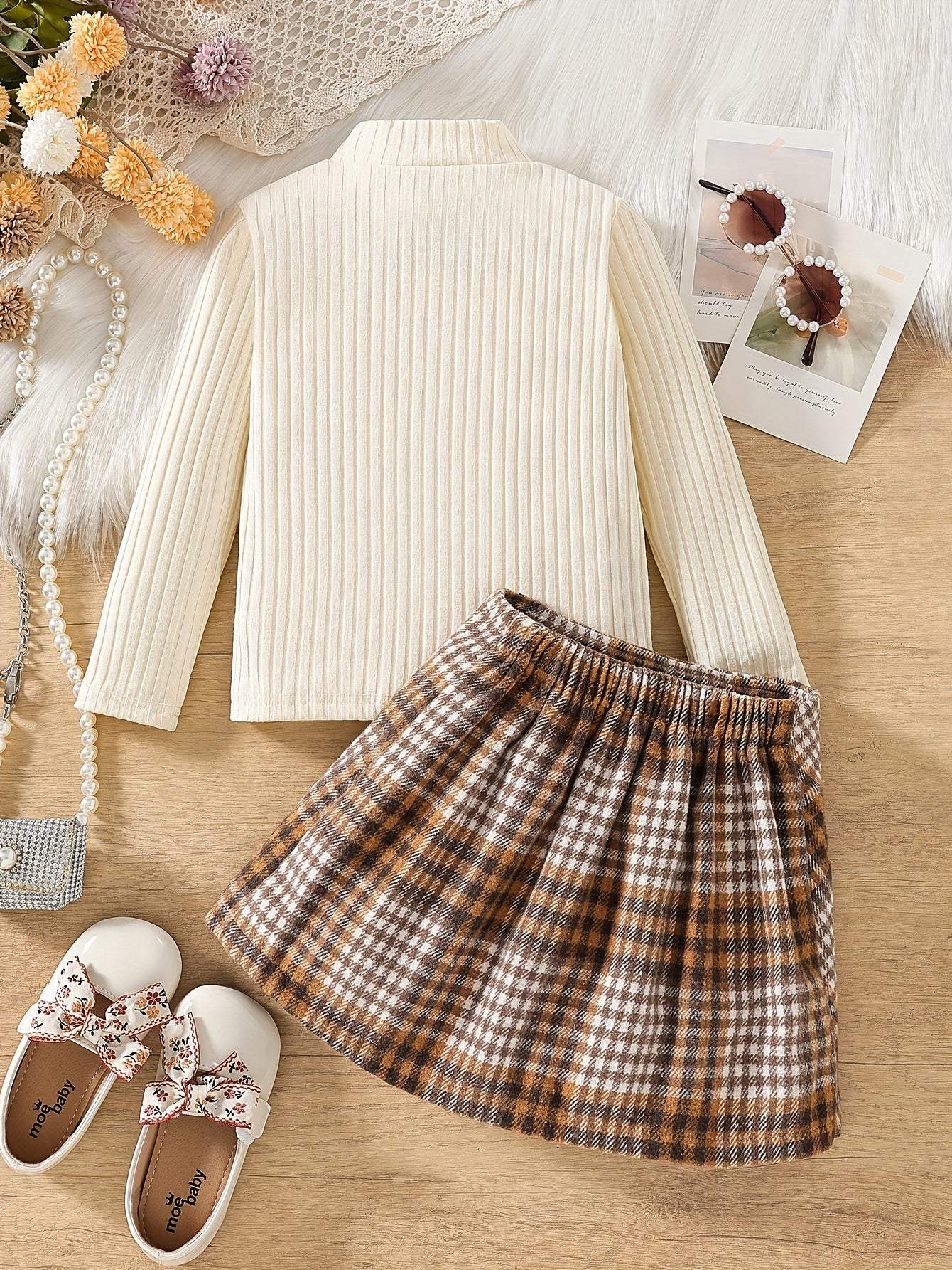 Stylish two-piece set with checkered skirt and ribbed top, ideal for fall and winter casual wear.