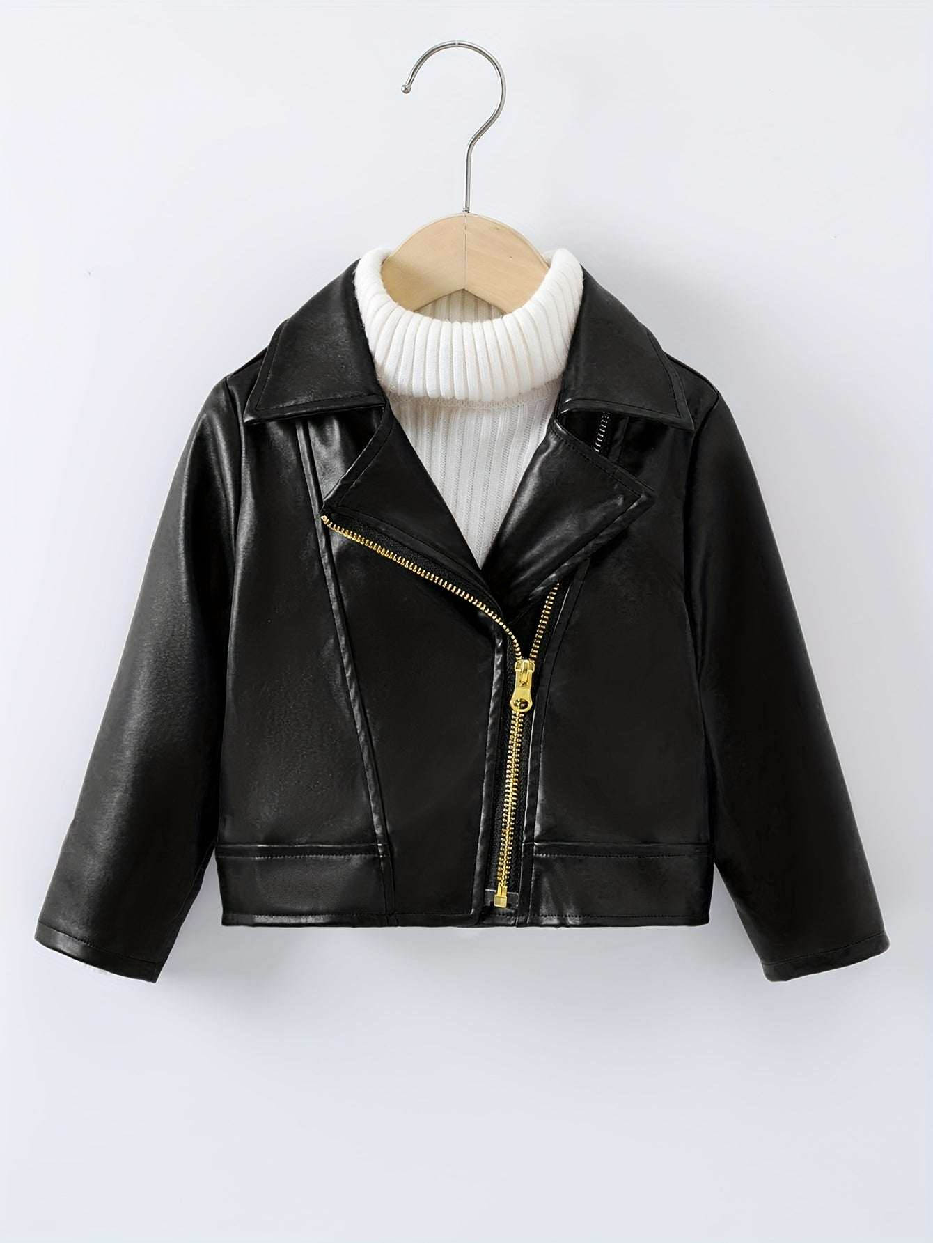 Trendy girls' black leather jacket with modern design.
