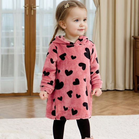 Cozy Girls' Pink Heart Pattern Fleece Hooded Dress for Kids - BabyHaven