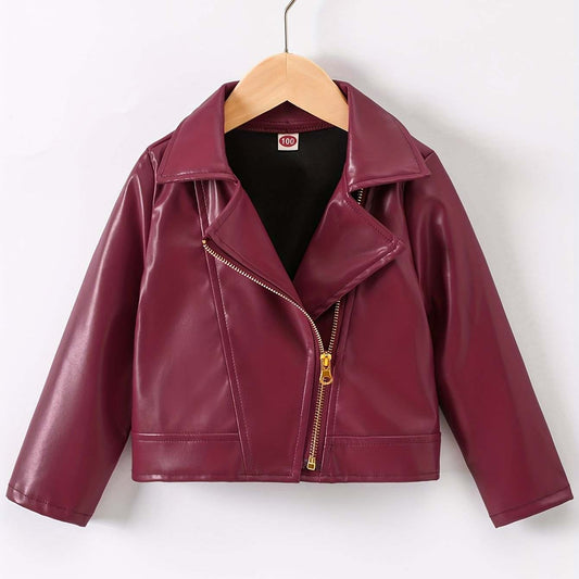 Trendy girls' pink leather jacket with modern design and durable PU material.