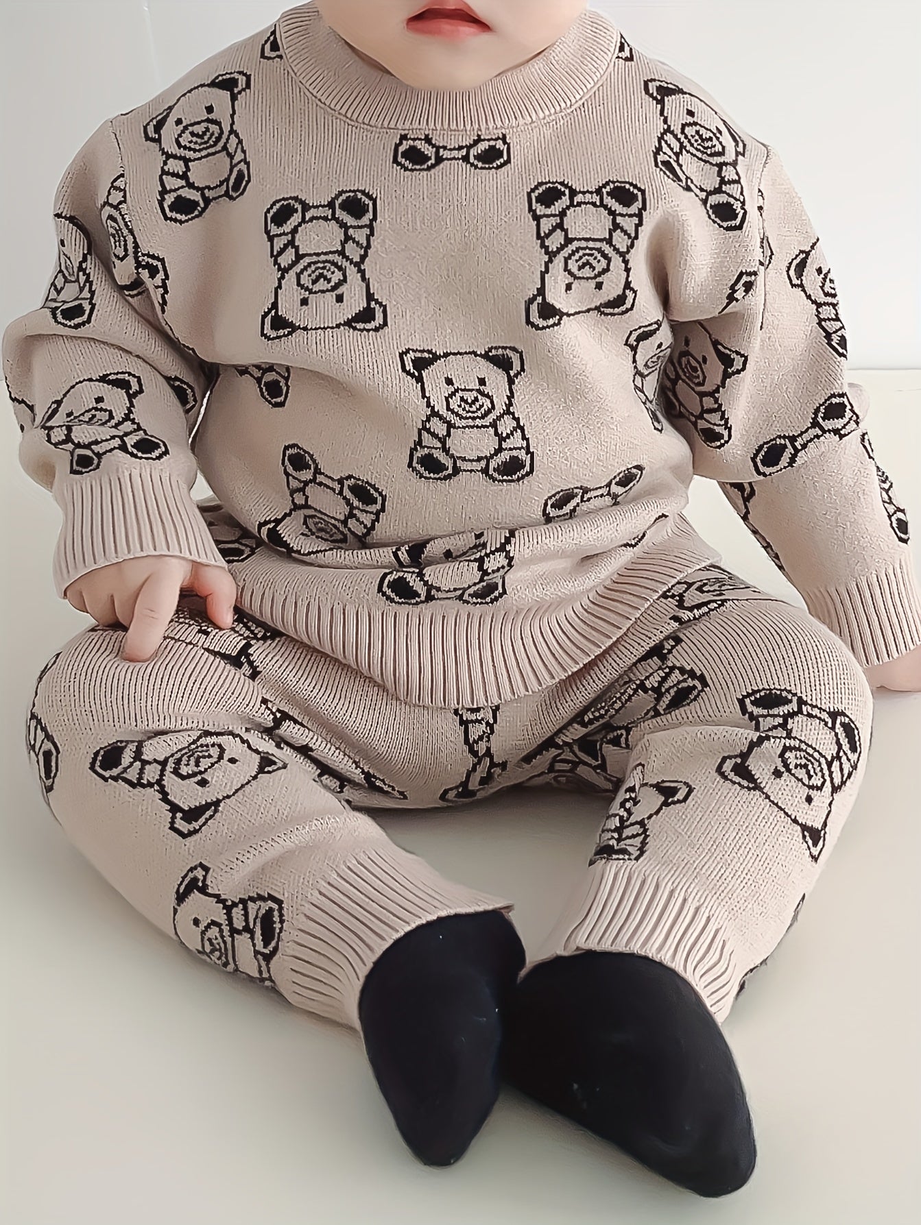 Adorable Bear Jacquard Knit Sweater & Warm Pants Set for Baby Boys - Cozy, Stretchy Fabric, Perfect for Fall/Winter, Perfect for Outdoor