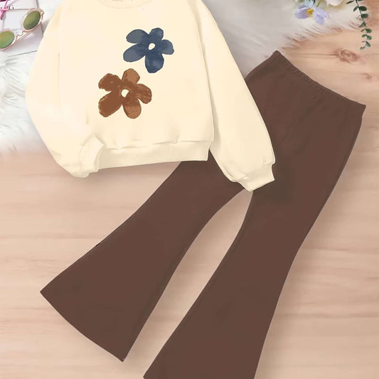 Trendy two-piece set for girls with floral top and brown bottoms, ideal for fall and winter.
