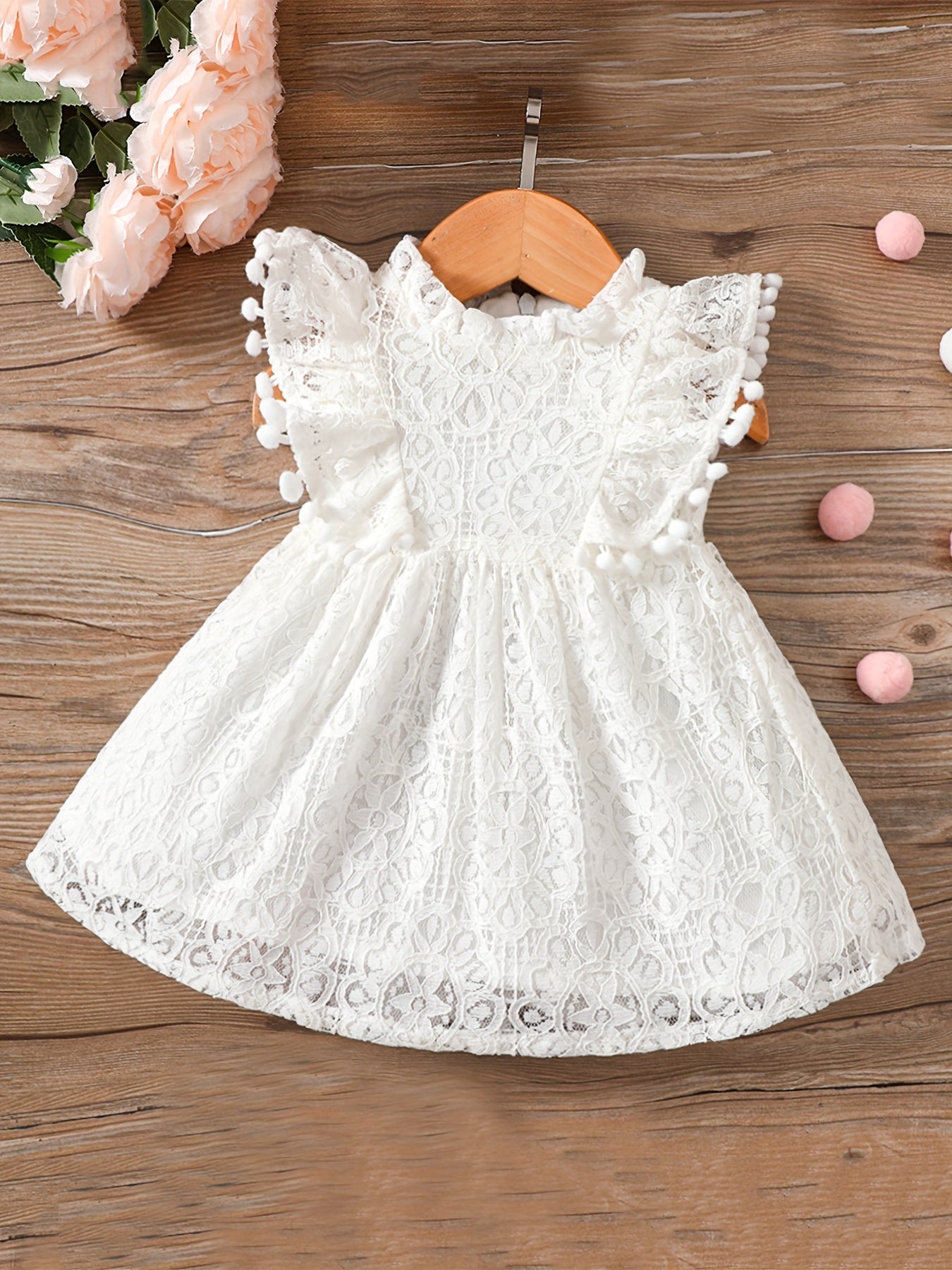 Elegant Lace Overlay Cotton Dress With Pompom Trim for Girls - BabyHaven