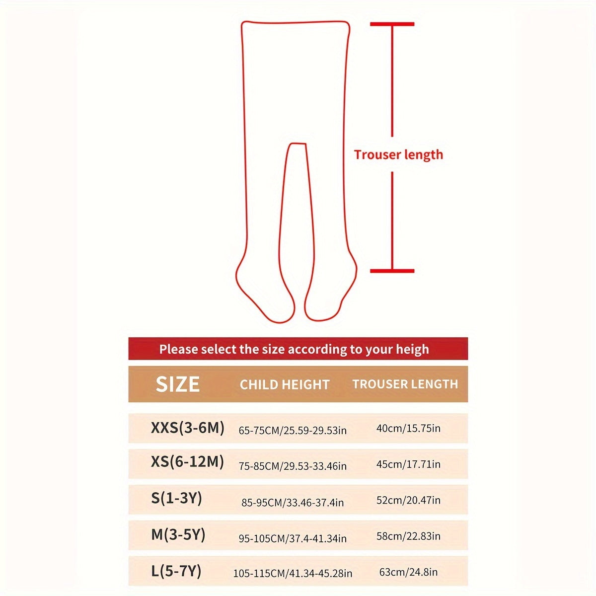 Size chart for cozy fleece-lined girls' winter tights in solid colors.