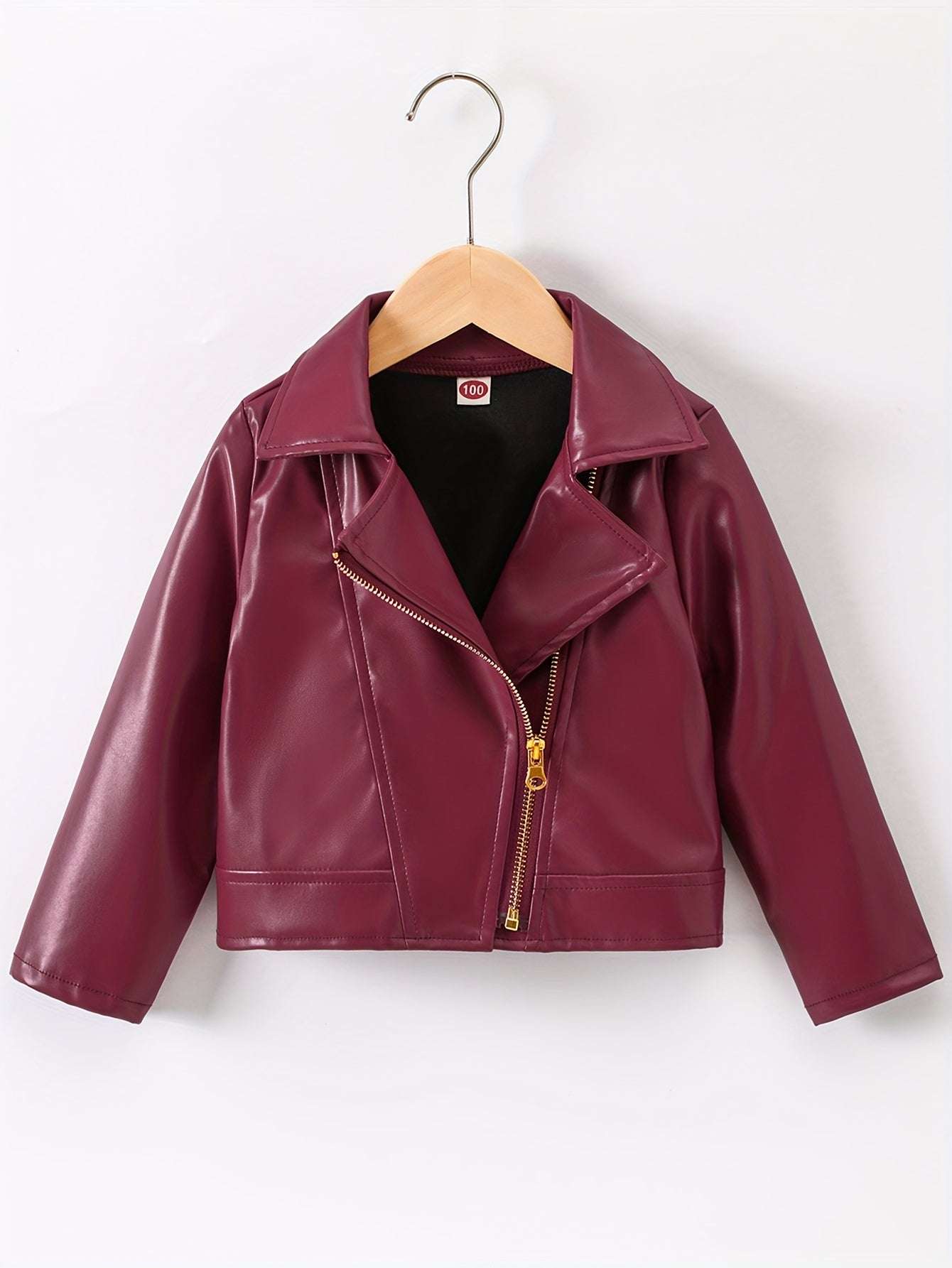 Girls' pink leather jacket with trendy design and durable PU material.