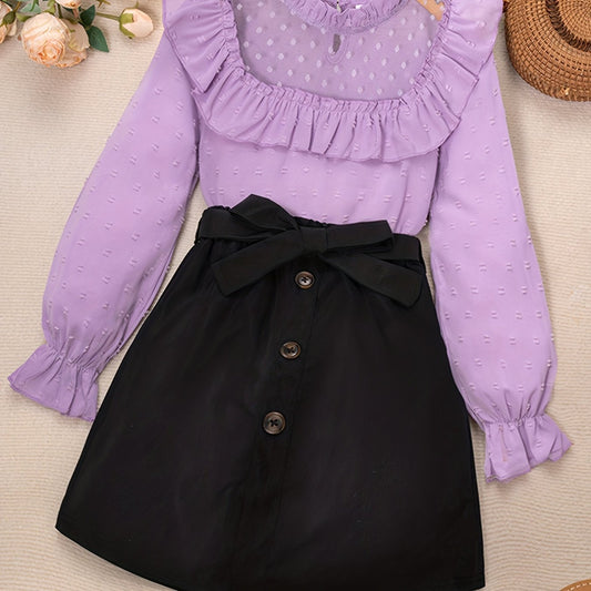 2pcs Set for Girls Featuring a Lace Patchwork Long - Sleeve Top - BabyHaven