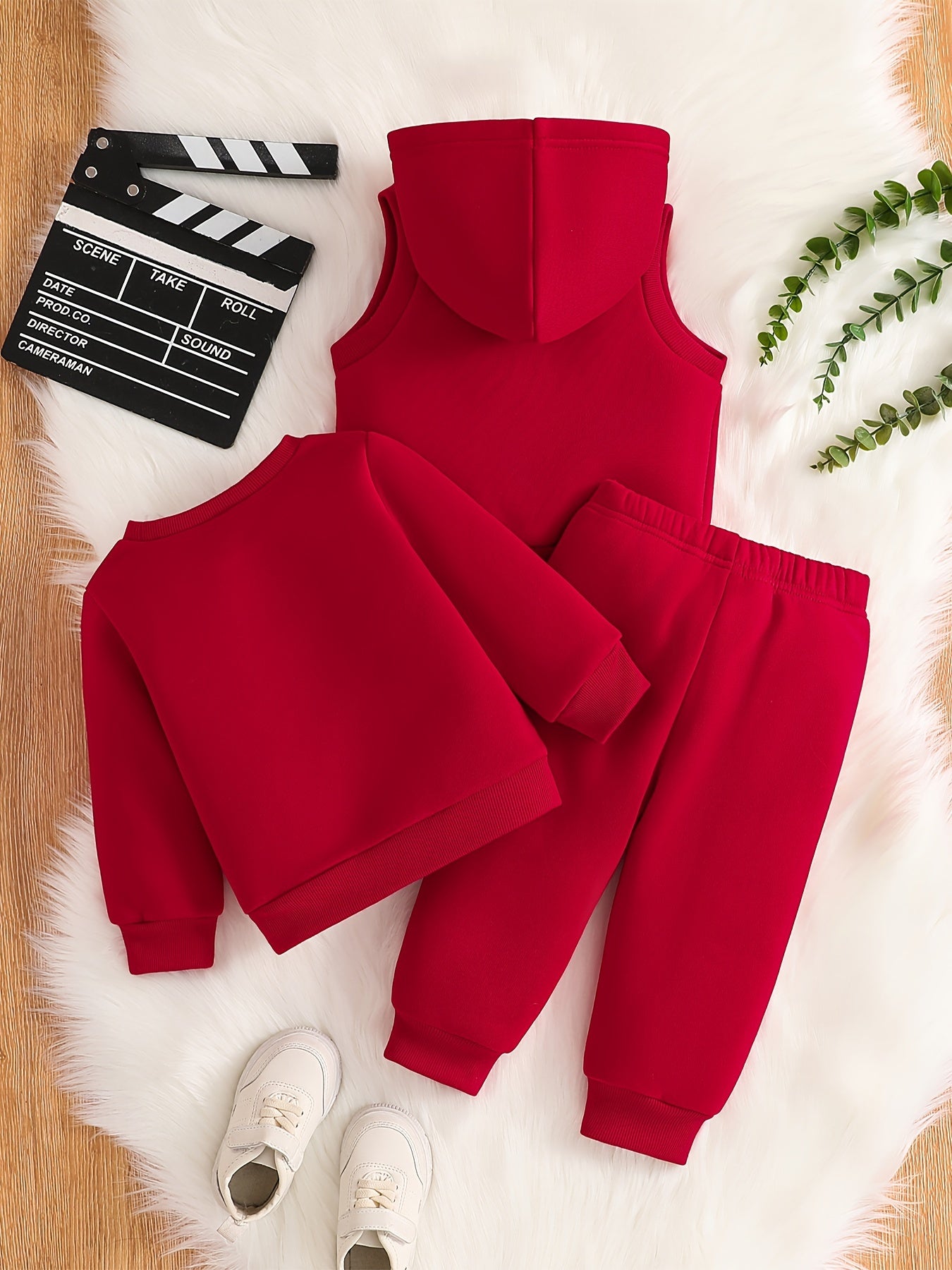 Boys' 3pcs Fleece-Lined Hoodie & Vest Set for Fall Outdoor