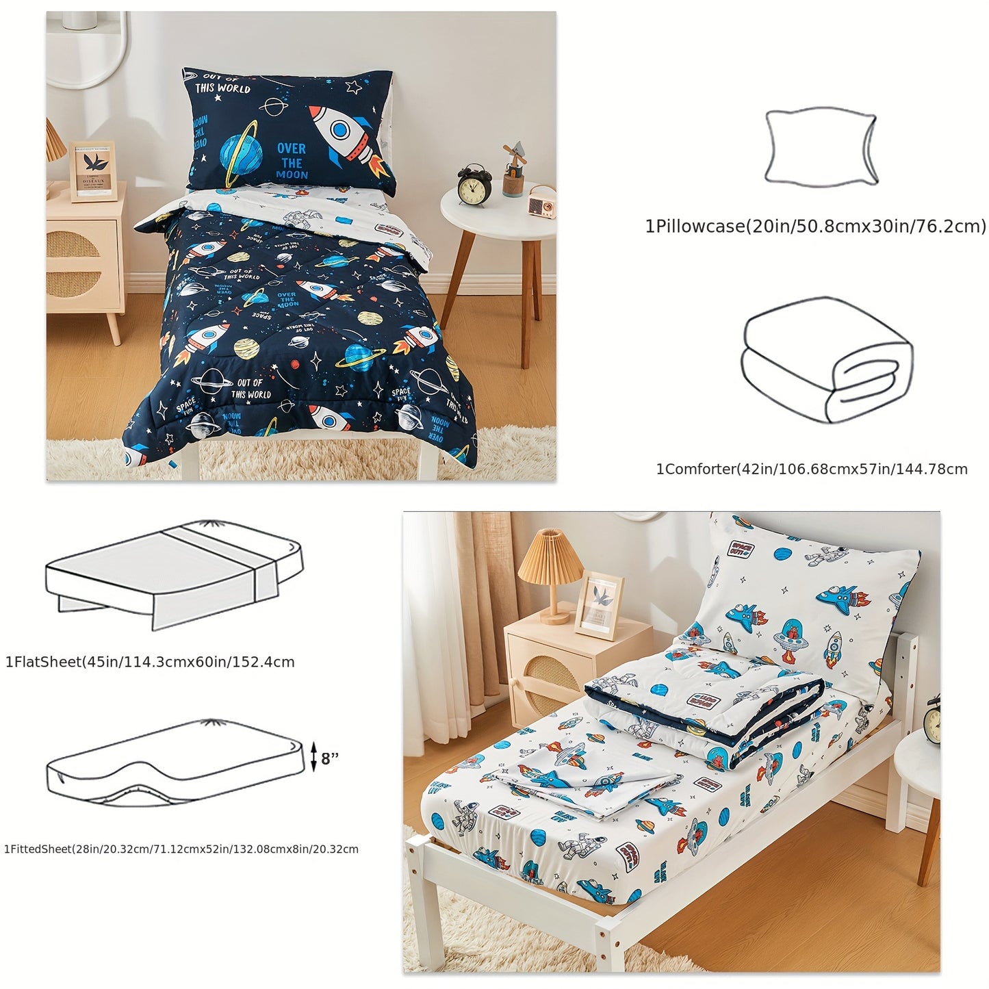 4pcs printed space ship toddler bedding set unisex