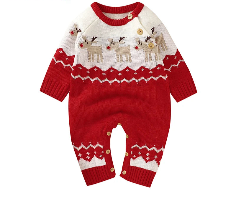Baby Christmas Rompers Winter Long Sleeve Knit Newborn Boys Girls Outwear Jumpsuits Red Reindeer Toddler Playsuits Clothes 0-18m