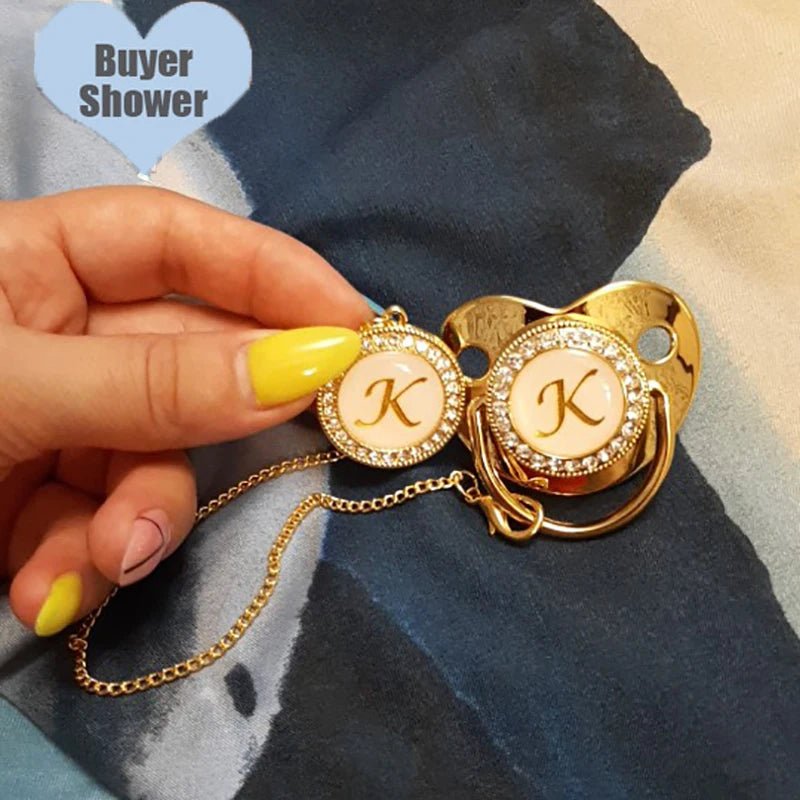 Name Initial Letter Baby Pacifier Clips Luxury Gold Bling - BabyHaven