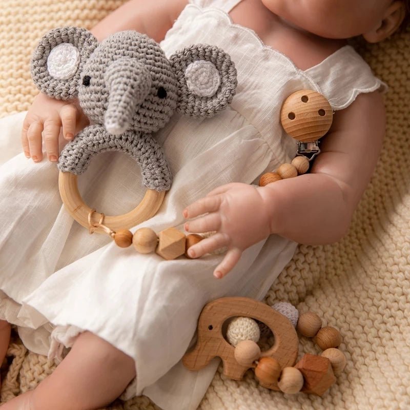 1set Baby Rattle Wooden Crochet Elephant Bells Music Teething Bracelet Pacifier Dummy Clips Gym Play Rodent Baby Products Toy - BabyHaven