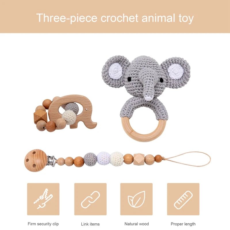 1set Baby Rattle Wooden Crochet Elephant Bells Music Teething Bracelet Pacifier Dummy Clips Gym Play Rodent Baby Products Toy - BabyHaven
