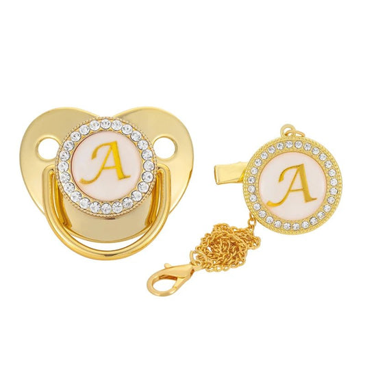 Name Initial Letter Baby Pacifier Clips Luxury Gold Bling - BabyHaven