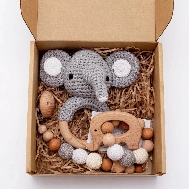1set Baby Rattle Wooden Crochet Elephant Bells Music Teething Bracelet Pacifier Dummy Clips Gym Play Rodent Baby Products Toy - BabyHaven