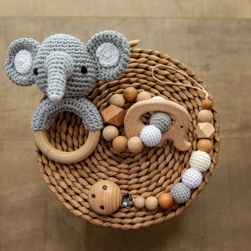 1set Baby Rattle Wooden Crochet Elephant Bells Music Teething Bracelet Pacifier Dummy Clips Gym Play Rodent Baby Products Toy - BabyHaven