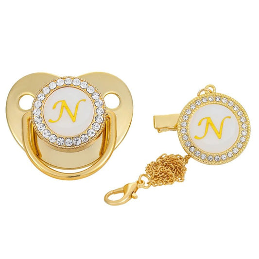 Name Initial Letter Baby Pacifier Clips Luxury Gold Bling - BabyHaven