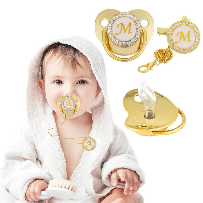 Name Initial Letter Baby Pacifier Clips Luxury Gold Bling - BabyHaven