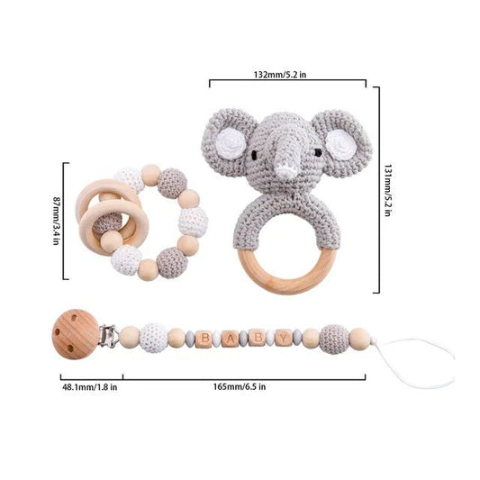 1set Baby Rattle Wooden Crochet Elephant Bells Music Teething Bracelet Pacifier Dummy Clips Gym Play Rodent Baby Products Toy - BabyHaven