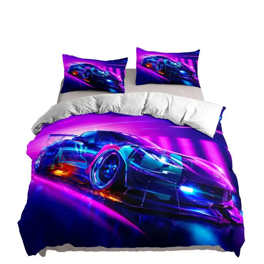 Vincent car cover set 3pcs with vibrant car design on duvet and pillowcases.