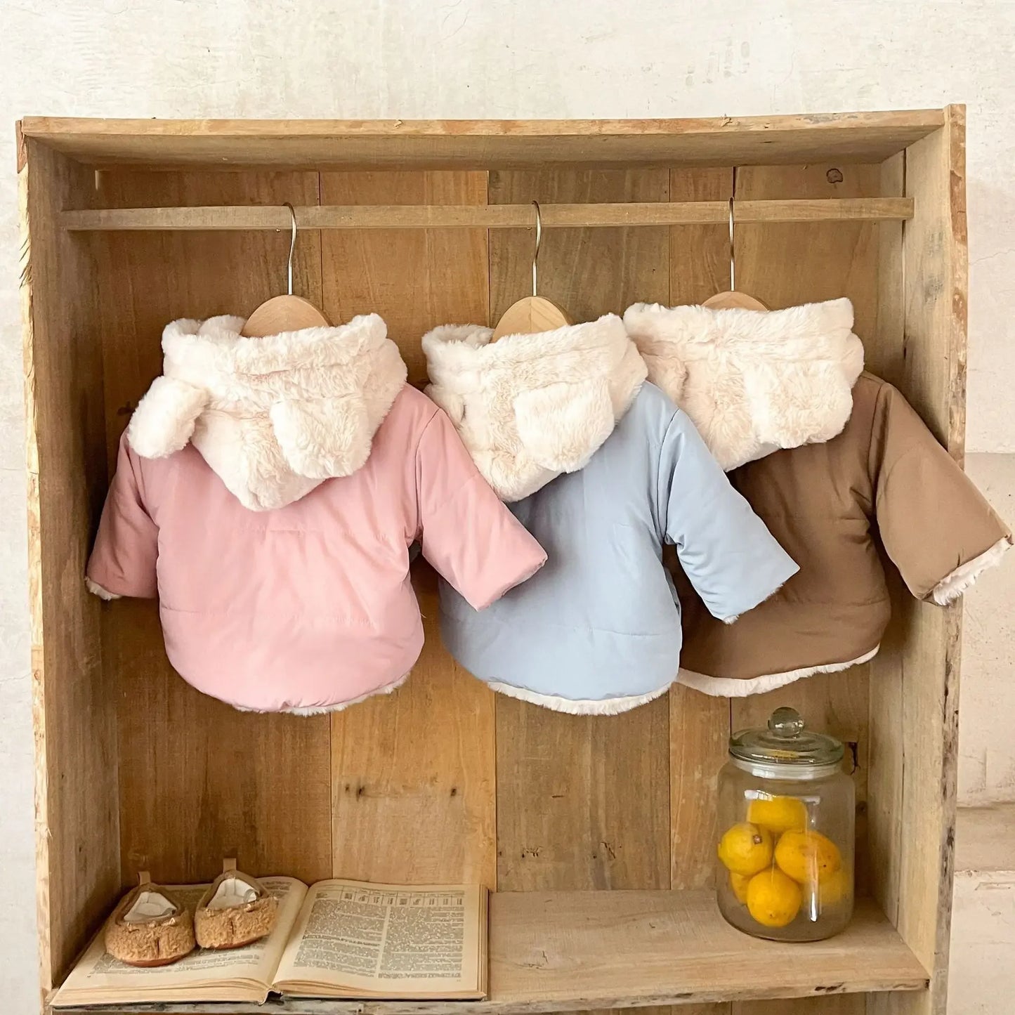 Korean Style Baby Boys Girls Winter Coat Fleece Lined Thickened Cotton Padded Jacket Cute Bear Ear Hooded Warm Outerwear