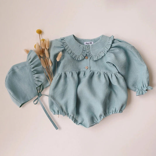 2Pcs Spring Baby Girls Playsuit With Hat Long Sleeves Newborn Romper Cotton Linen Infant Clothes - BabyHaven