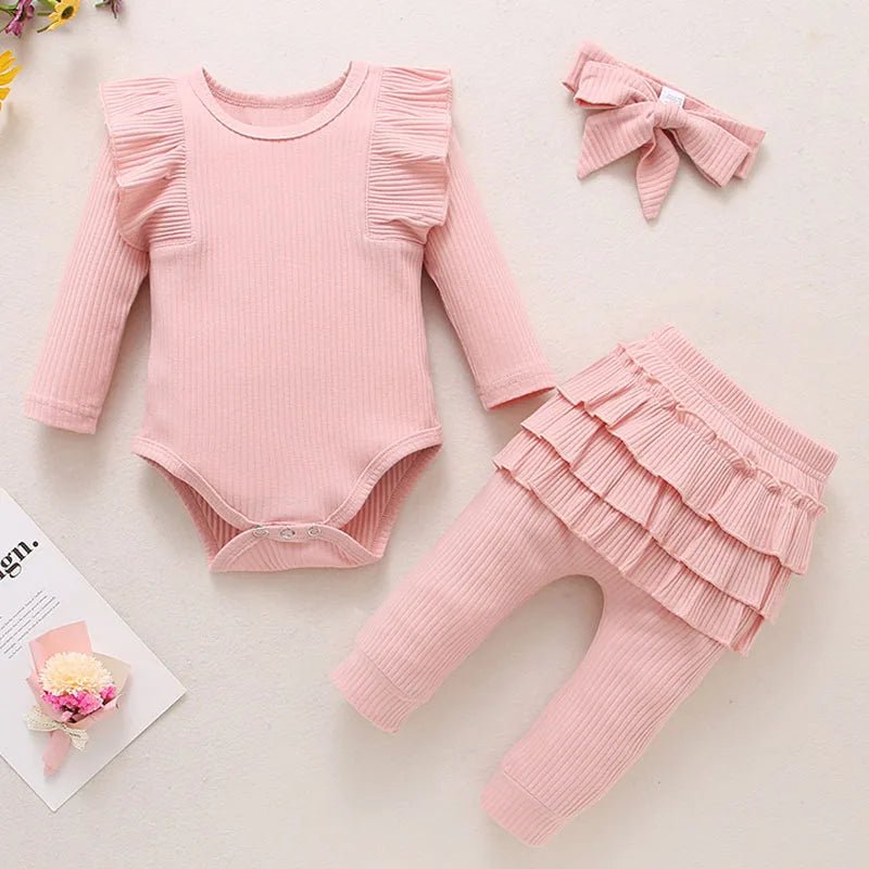 Newborn Baby Girls Clothes Infant Long Sleeve Ruffle Romper Bodysuits+Pants+Bow Headband 3Pcs Suit Children Toddler Outfit A422 - BabyHaven