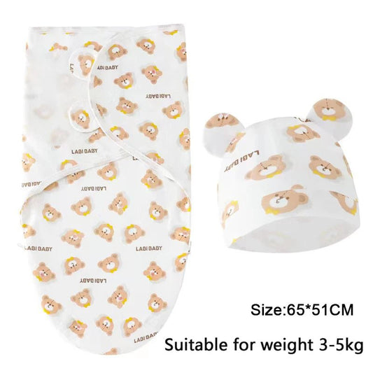 Baby Blanket Hat Set Cartoon Printed Cotton Newborn Swaddle - BabyHaven