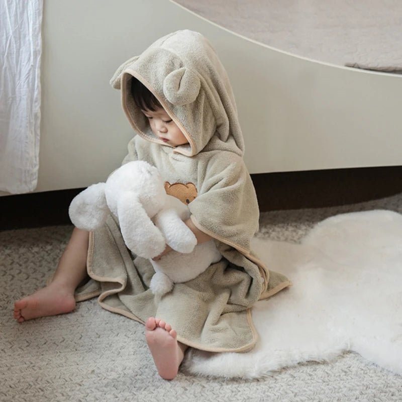 Hooded Baby Bath Towels Embroidery Kids Bathrobe Soft Coral Velvet Baby Bath Items Cartoon Infant Shower Wear Cloak 60*120cm - BabyHaven