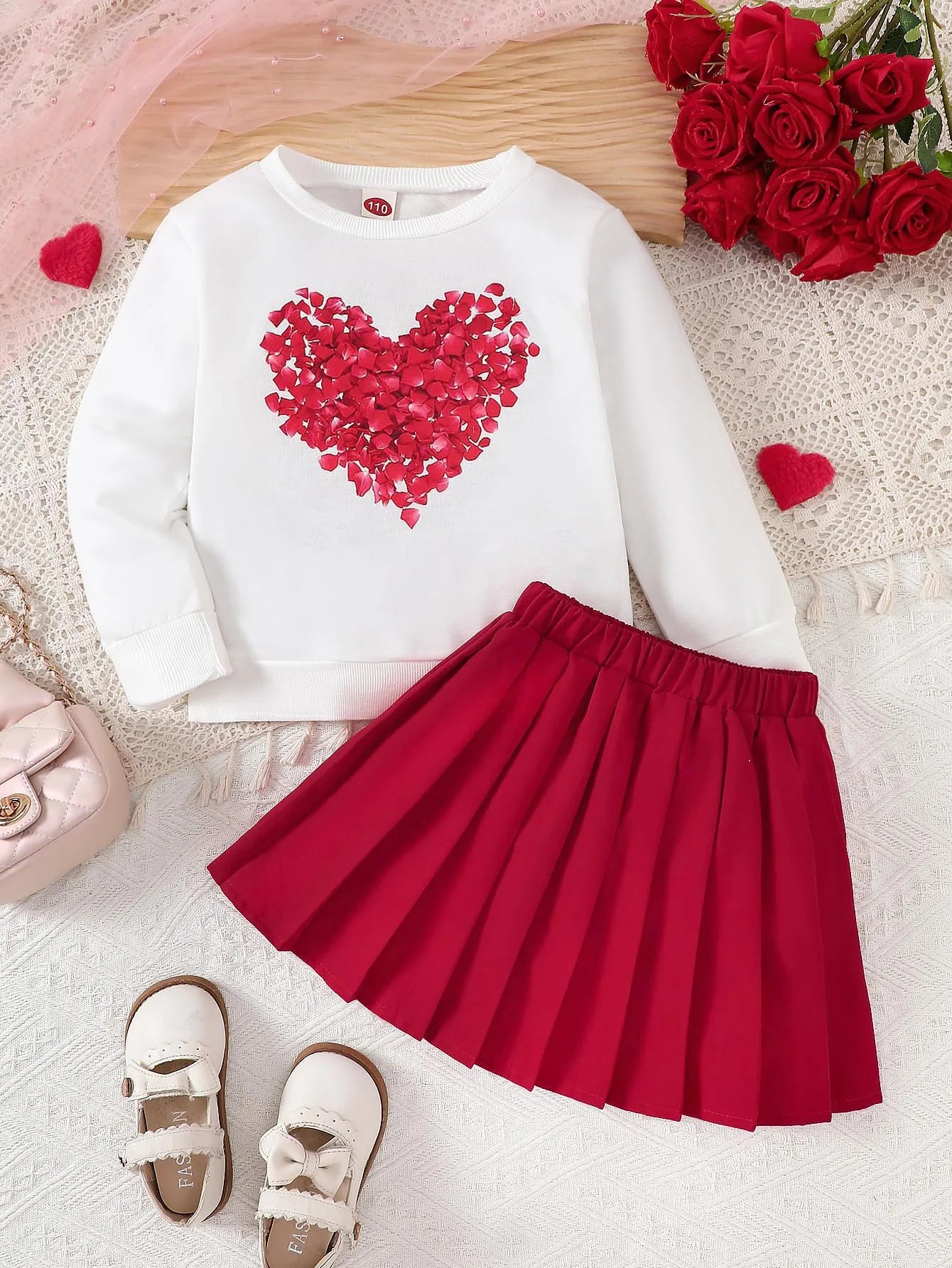 Spring 3 - 10y Kids Girls Heart Print Tops Pleated Skirt Set - BabyHaven