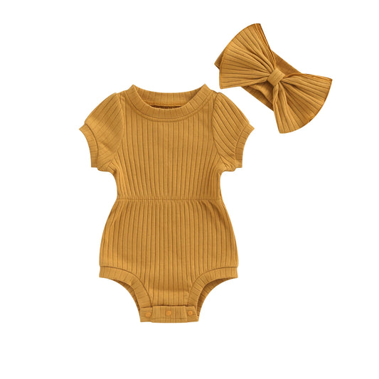 Newborn Baby Girl Clothes Solid Color Ribbed Knit Short Sleeve Romper Bodysuit Jumpsuit with Headband Summer Outfit - BabyHaven