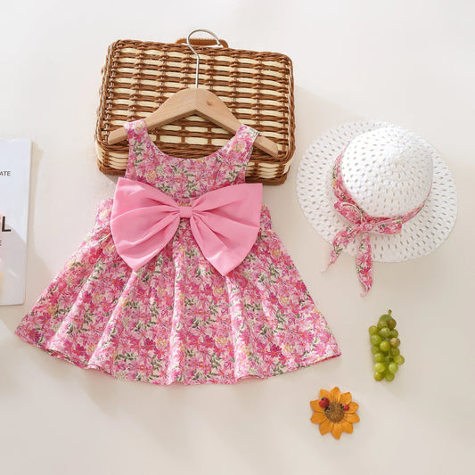 Summer 2 - Piece Baby Dress+Sun Hat Bow Strap Floral Baby Girl Dress Soft And Comfortable Children'S Clothing - BabyHaven