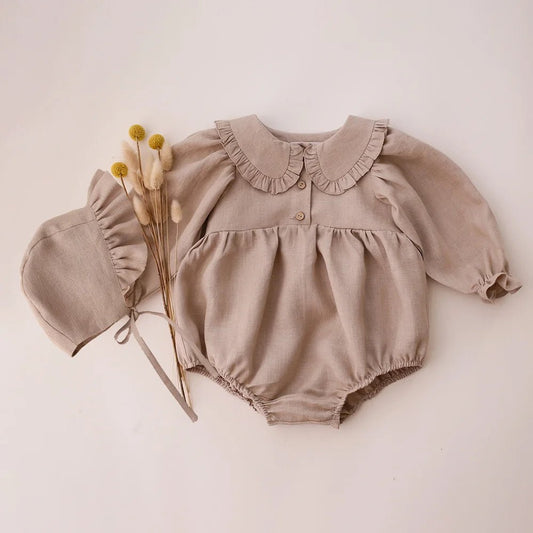 2Pcs Spring Baby Girls Playsuit With Hat Long Sleeves Newborn Romper Cotton Linen Infant Clothes - BabyHaven