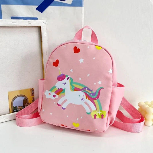 Pink cute animal print baby backpack with unicorn design, nylon material, age 2-6 years.