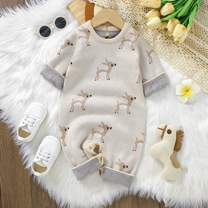 Autumn Baby Rompers for Newborn Boys Girls Cute Reindeer Knit Jumpsuits Playsuits 0-18m Winter Infant Long Sleeve Outfit Clothes