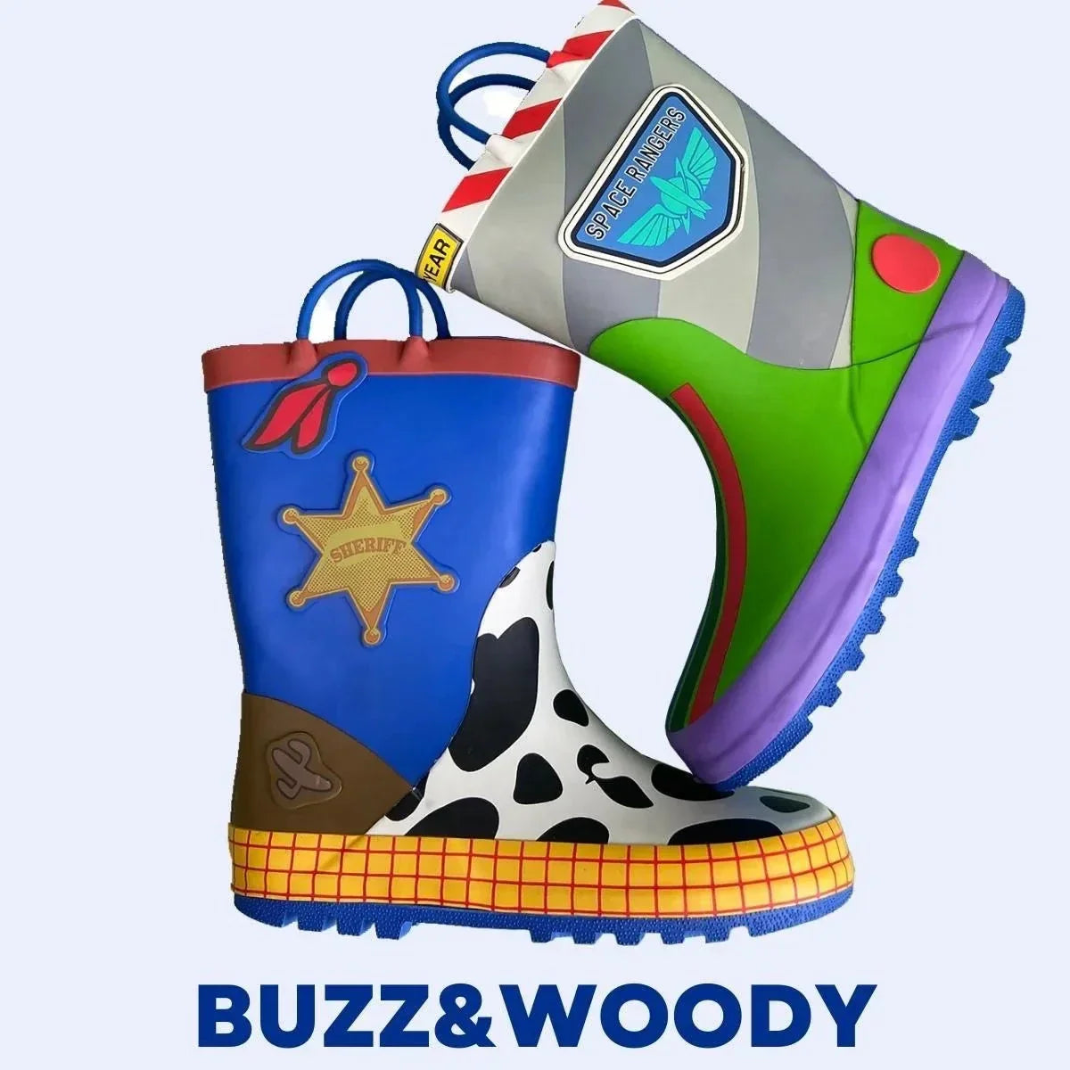 Kids' Disney cartoon boots with vibrant Buzz and Woody designs for adventurous play.