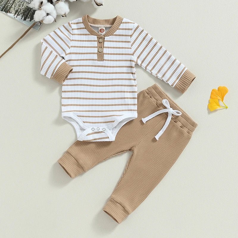 Newborn Baby Boys Girl Fall Winter Clothes Ribbed Knitted Long Sleeve Romper Solid Long Pants Cotton Infant Outfits - BabyHaven