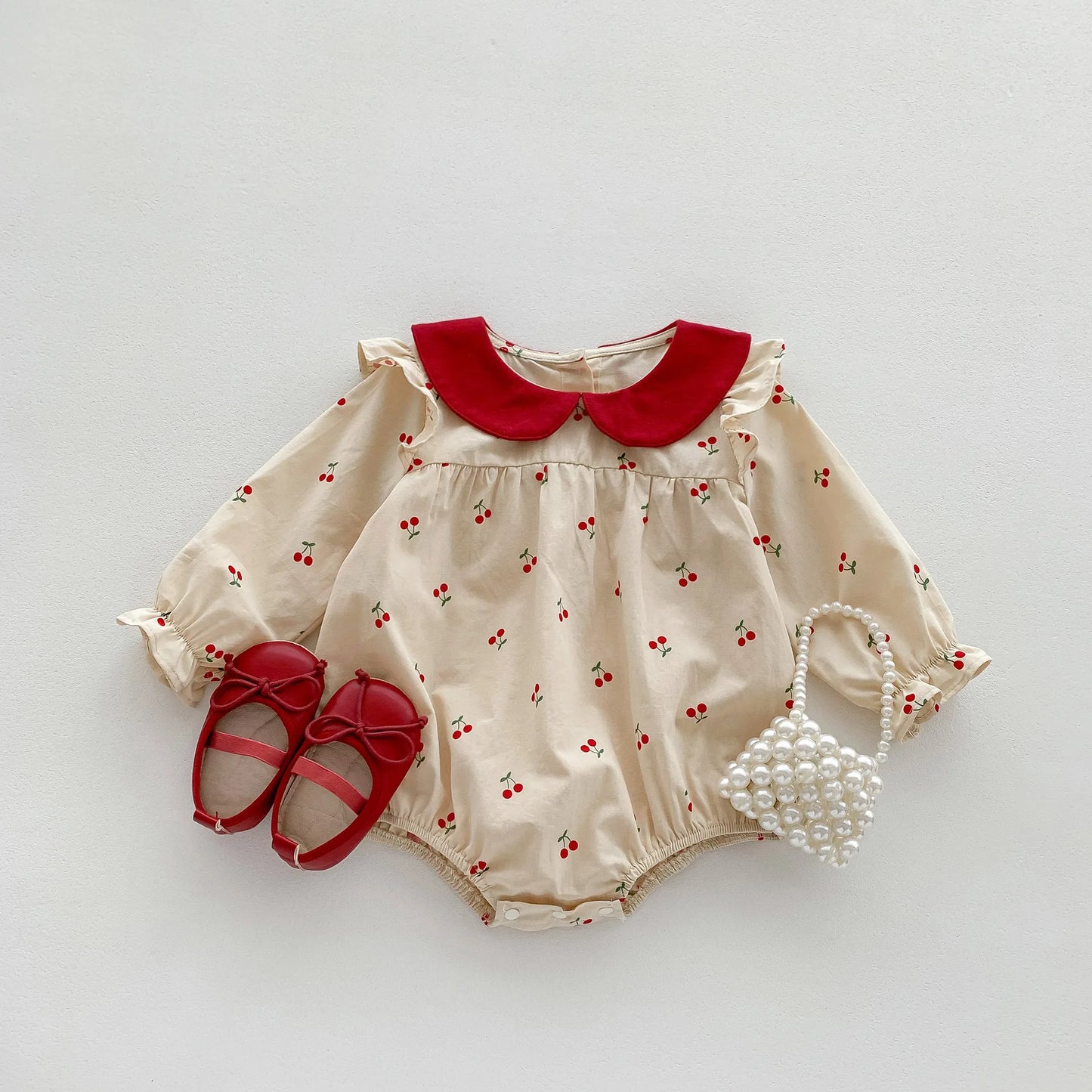 New Autumn Baby Clothes Sweet Cherry Printed Girls Bodysuit Newborn Peter Pan Collar Princess Clothing Toddler One Piece - BabyHaven