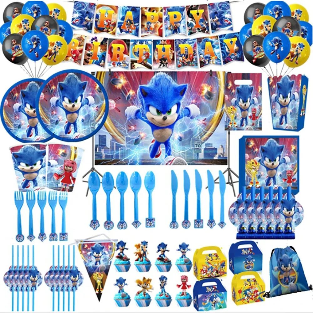 Cartoon Sonics Party Supplies Disposable Plates Tablecloth Cake Topper Banner for Kids Birthday Decor - BabyHaven