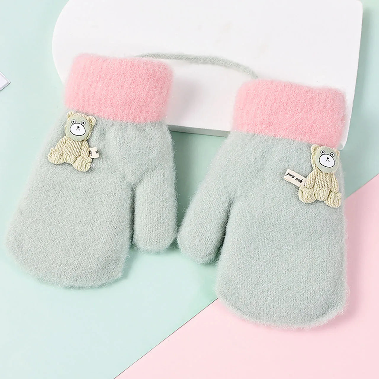 Cute Bear Kids Plush Hanging Neck Mittens Boys Girls Anti Cold Warm Hand Cover 3-7year Children Woolen Glove Winter Baby Thermal